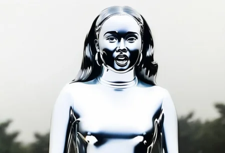chrome statue of power ranger Aisha, straight chrome hair, chrome hairband, fringe, alone, helmetless, chrome catsuit, chrome turtleneck collar, chrome gloves belt, worried facial expression, gasping, entirely made of chrome, command centre, hyperdetailed photography