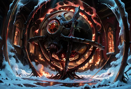masterwork, masterpiece, best quality, detailed, depth of field, high detail, very aesthetic, sharp edges, precise, clear focus, highly detailed epic cinematic concept art, octane render, excellent composition, dynamic dramatic lighting, aesthetic, very inspirational, (Dreamlike surrealist painting:1.8),
(the world is burning (inside a glass sphere:1.9) :1.5), watched by a demon, surreal female demon, red eyes, swirling cloak turning into threatening clouds,
snow, glowing footprints, burning tears scorch the land, eldritch, horror, gdv2-illu