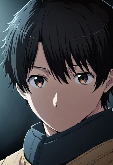 high resolution, solo, best quality, 1Boy, Inaho Kaizuka, Black Hair, portrait, looking at viewer, focused gaze forward, upper body, head upright, neutral expresion, OverallDetail