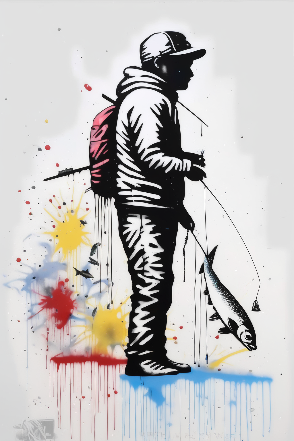 <lora:Martin Whatson Style:1>Martin Whatson Style - Banksy white background with native fishing in alaska spray paint style