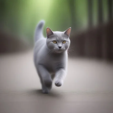 blur speed, active scene, At a street milk market, a gray cat (running pose), running in the forest