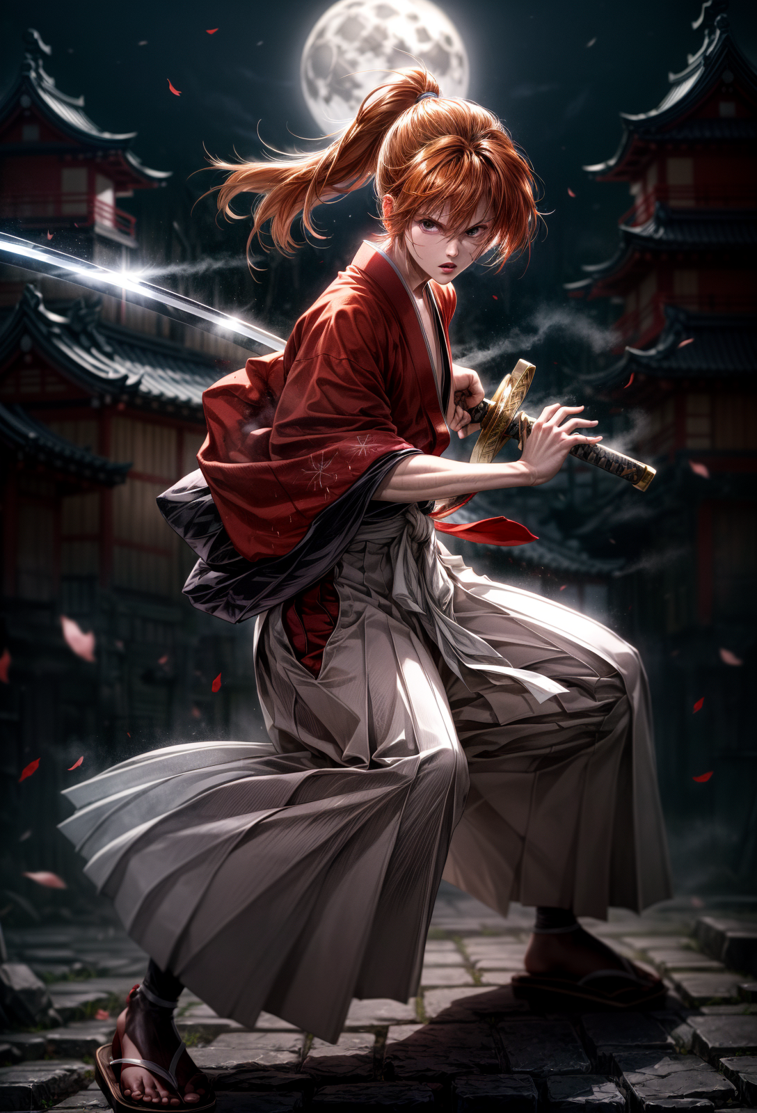 amazing quality, masterpiece, best quality, hyper detailed, ultra detailed, UHD, perfect anatomy, blurry background, 
moon light, looking at viewer, stride, (fighting stance:1.3), (lean forward:1.2), sword, hilt, scabbard,
Japanese style house, fog, 
<lora:Kenshin_RK:0.85>, kenshin rk, (solo:1.3), orange hair, long hair, ponytail, red kimono, japanese clothes, scar, sandals, hakama, hakama skirt,
<lora:battoujutsu_24re_d128:0.8>, battoujutsu,
<lora:detail_slider_v4:1>,
<lora:more_details:0.4>,
<lora:add_detail:0.25>,
<lora:emotion_angry_slider_v1:1.75>,
<lora:GoodHands-vanilla:1>,