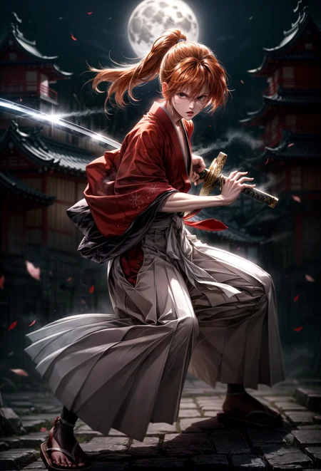 amazing quality, masterpiece, best quality, hyper detailed, ultra detailed, UHD, perfect anatomy, blurry background, 
moon light, looking at viewer, stride, (fighting stance:1.3), (lean forward:1.2), sword, hilt, scabbard,
Japanese style house, fog, 
<lora:Kenshin_RK:0.85>, kenshin rk, (solo:1.3), orange hair, long hair, ponytail, red kimono, japanese clothes, scar, sandals, hakama, hakama skirt,
<lora:battoujutsu_24re_d128:0.8>, battoujutsu,
<lora:detail_slider_v4:1>,
<lora:more_details:0.4>,
<lora:add_detail:0.25>,
<lora:emotion_angry_slider_v1:1.75>,
<lora:GoodHands-vanilla:1>,