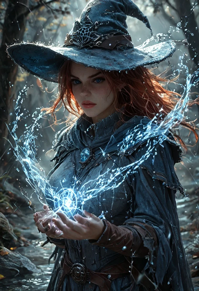 score_9, score_8_up, score_7_up, 1girl, 19 year old, casting magic spell, (duel, witches hat, witch steel armour, water spell, magic spell casting, action shot), ((witches hat)), (fire sword:0.9), fighting off-screen enemy, forest, spooky, haunted, water element, autumn, masterpiece, outdoor, curvy body, cute, red hair, determined expression, rain, windswept hair, (head and shoulder photography:1.1), portrait photography:0.8), pretty girl, grainy, (cold icy weather, dramatic lighting, dark theme, night time, backlit, <lora:RealisticSkinv1_ponyv6_loraplus:1.15:start=15>real skin, freckles, mole, dirty skin, looking at camera