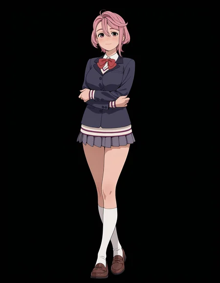 <lora:Aira Illu:1>
1girl, solo,
a1ra, pink hair, short hair, pink eyes, hair between eyes,
un1form, blazer, sweater under blazer, long sleeves, white shirt, pleated skirt, miniskirt, red bow, collared shirt, kneehighs, white socks, brown footwear,
light smile, looking at viewer, arms under breasts, blush,
full body,, masterpiece, best quality, amazing quality,, (simple background, black background:1.5),