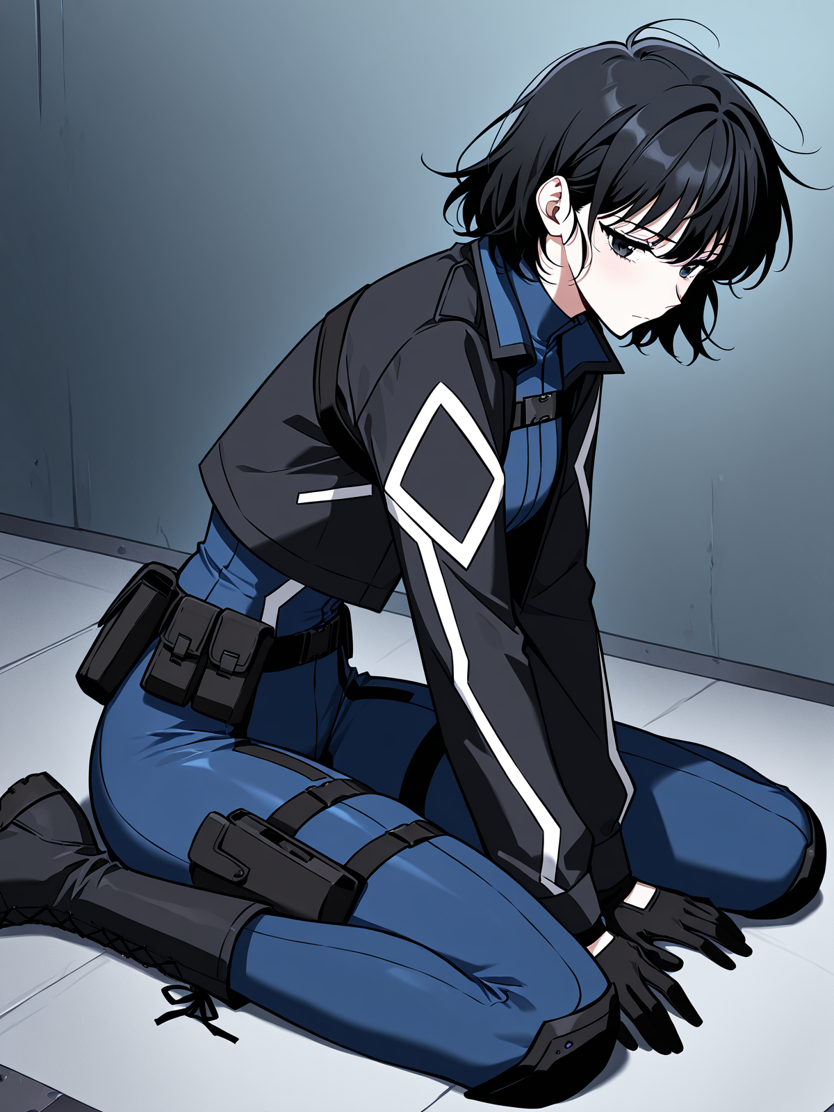 <lora:Omniscient Reader's Viewpoint _ Han Sooyoung_epoch_7:1>
1 girl, solo, short hair, messy hair, black hair, black eyes, 
blue bodysuit, black short jacket, tactical outfit, long black boots, utility belt, black gloves, holster on thigh, white and black accents, skin-tight suit, 
score_9, score_8_up, score_7_up, masterpiece, best quality, absurdres, perfect anatomy, 1girl, solo, wariza, sitting, hands on own knees,