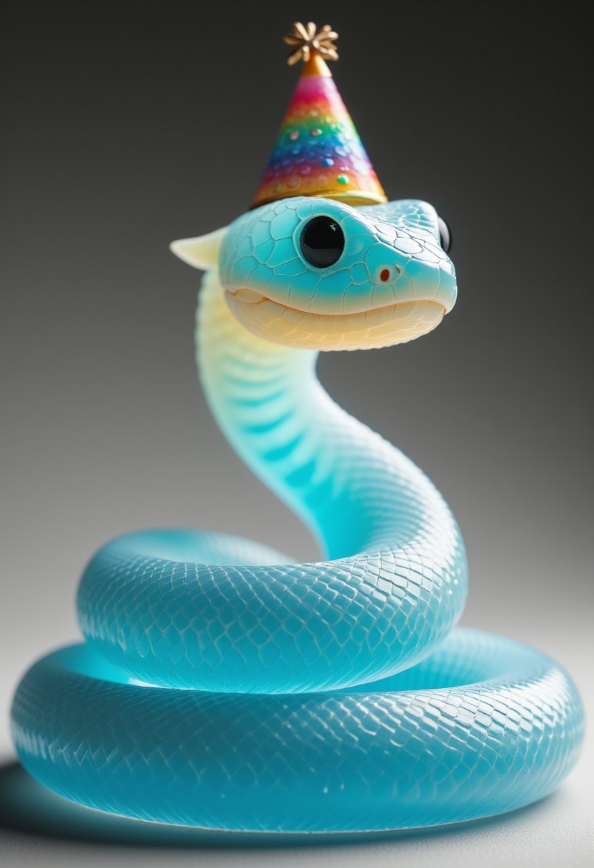 sss, subsurface scattering, translucent. The image is a high-resolution photograph of a translucent cute smol zhibi snake, specifically a venomous snake, with a striking, vivid coloration. The snake's body features a translucent blue-white-turquoise gradient, with a soft, ethereal glow. The scales have a smooth, reflective texture, appearing almost like liquid glass with a subtle iridescence. The snake's head is prominently displayed, showcasing its large, almond-shaped, black eye with a vertical slit pupil, giving it an alert and intelligent expression. The eye is slightly raised, indicating the snake's gaze is directed forward. The snake's mouth is closed, with a subtle hint of a slightly upturned smile, revealing a small, black tongue. On top of the snake's head is a colorful party hat, tilted jauntily to the side. Its tail is playfully curled around a small sign that reads "partysssss," adding a whimsical touch. The background is a soft, gradient transition from a deep, dark gray to a lighter gray, which helps to highlight the snake without any distractions. The snake's body curves gently across the frame, hinting at its sinuous nature. The overall image captures a detailed, almost macro view of the snake, emphasizing its sleek, smooth texture and the intricate details of its scales. The lighting is soft and natural, enhancing the snake's glossy sheen and the depth of its color.