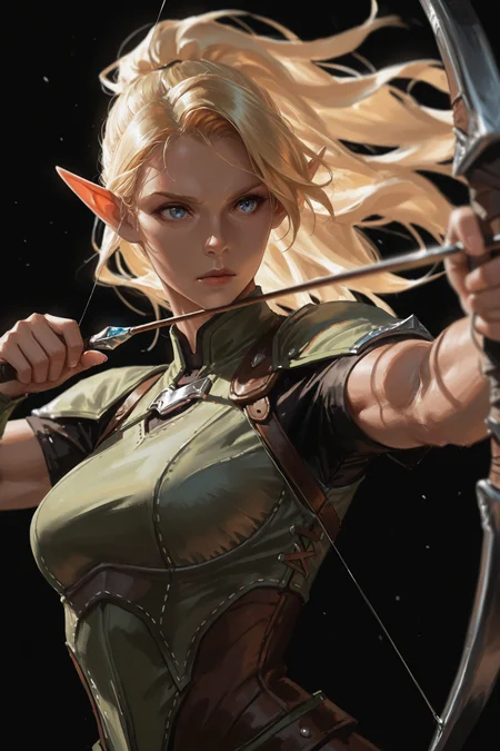 1girl, blond hair, blue eyes, elf, archer, black background, fantasy character, toned, medium breasts, upper body, holding bow, Show less masterwork, masterpiece, best quality, detailed, depth of field, , high detail, best quality, very aesthetic, 8k, dynamic pose, depth of field, dynamic angle, adult, aged up