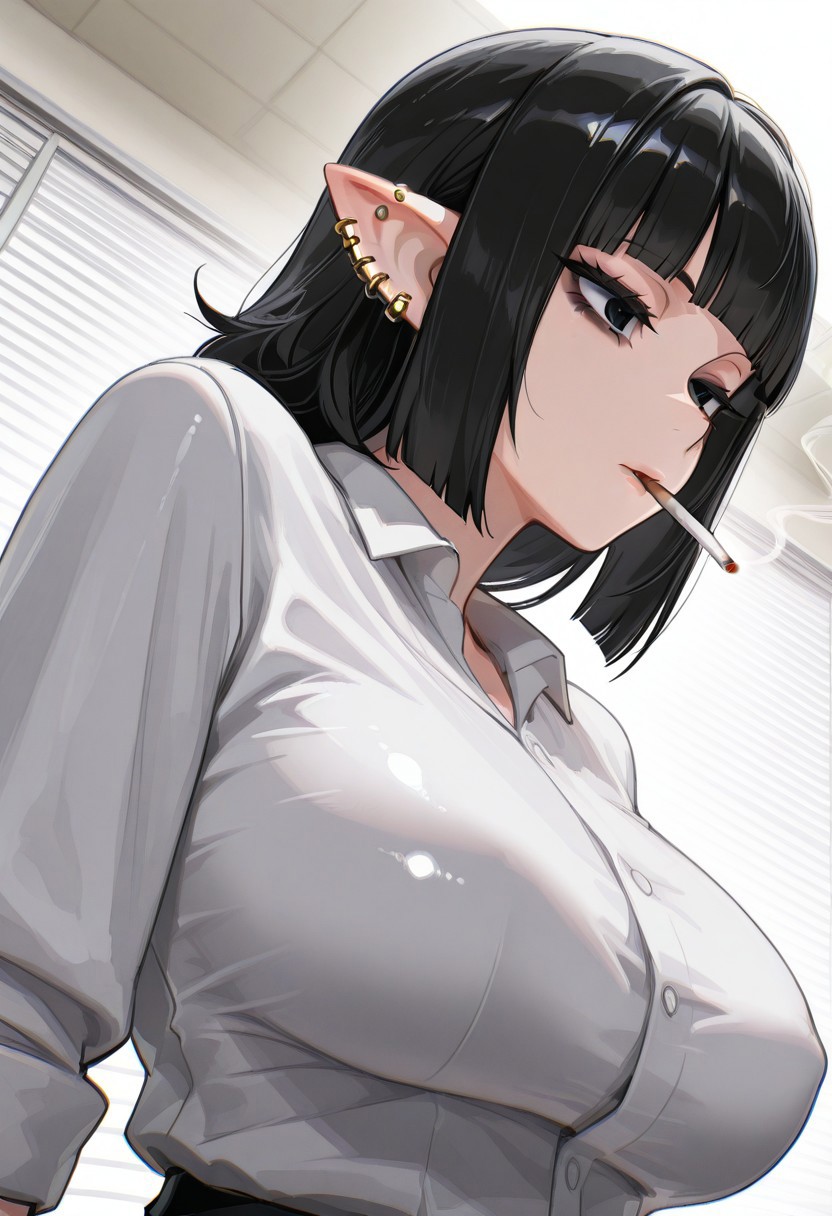 glossy_gold_style, 1girl, detailed eyes, black eyes, pointed ears, smoking, side view, cool pose, large breasts, bags under eyes, tired, office shirt, from below, blunt bangs, ear piercing