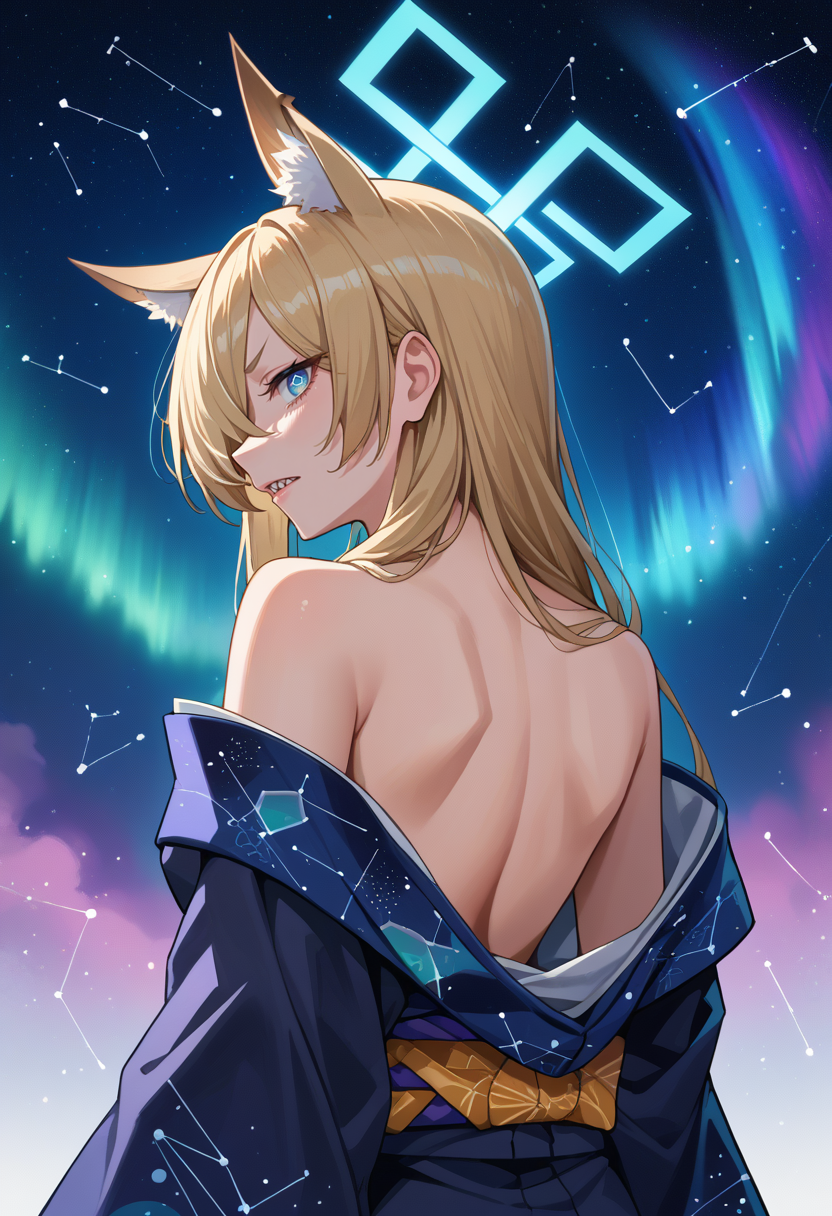 score_9, score_8_up, source_anime, 1girl, solo, KannaBA, animal ears, sharp teeth, long hair, hair over one eye, blue halo, aurora, back, bare back, bare shoulders, constellation, from behind, kimono, light particles, long sleeves, off shoulder, <lora:ChamKannaBAPonyXL:1>