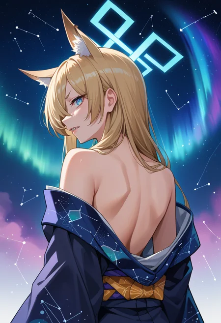 score_9, score_8_up, source_anime, 1girl, solo, KannaBA, animal ears, sharp teeth, long hair, hair over one eye, blue halo, aurora, back, bare back, bare shoulders, constellation, from behind, kimono, light particles, long sleeves, off shoulder, <lora:ChamKannaBAPonyXL:1>