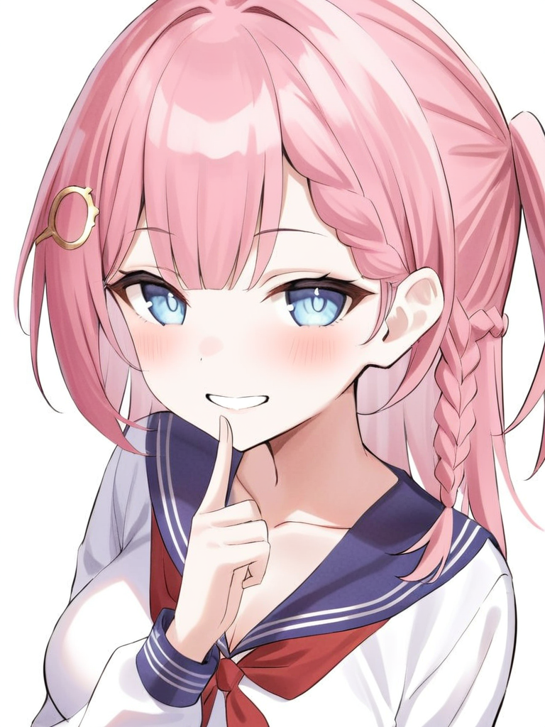 <lora:xl_asta(kohaku_delta)æµè¯åtagå¤å¶:1>,asta is a girl with short pink hair and blue eyes,1girl,solo,white background,virtual youtuber,looking at viewer,long sleeves,simple background,white shirt,serafuku,blush,collarbone,grin,red neckwear,upper body,blue sailor collar,index finger raised,blue skirt,neckerchief,finger to mouth,pleated skirt,medium breasts,hand up,, masterpiece,best quality,