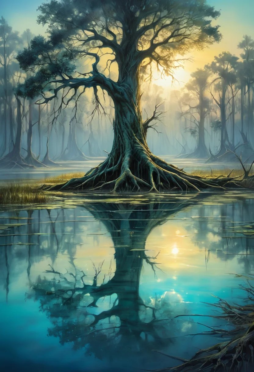 a tree in a swamp, a tree leaning over a calm reflective pool, <lora:Artfully_TREES2-000003:0.6>, a balance of light, form, and void, professional drawing, depth that evokes wonder, enhanced with glowing highlights, in the style of alcohol ink, washed in subtle gradients masterpiece, detailed, best quality, absurd resolution uhd, 8k,