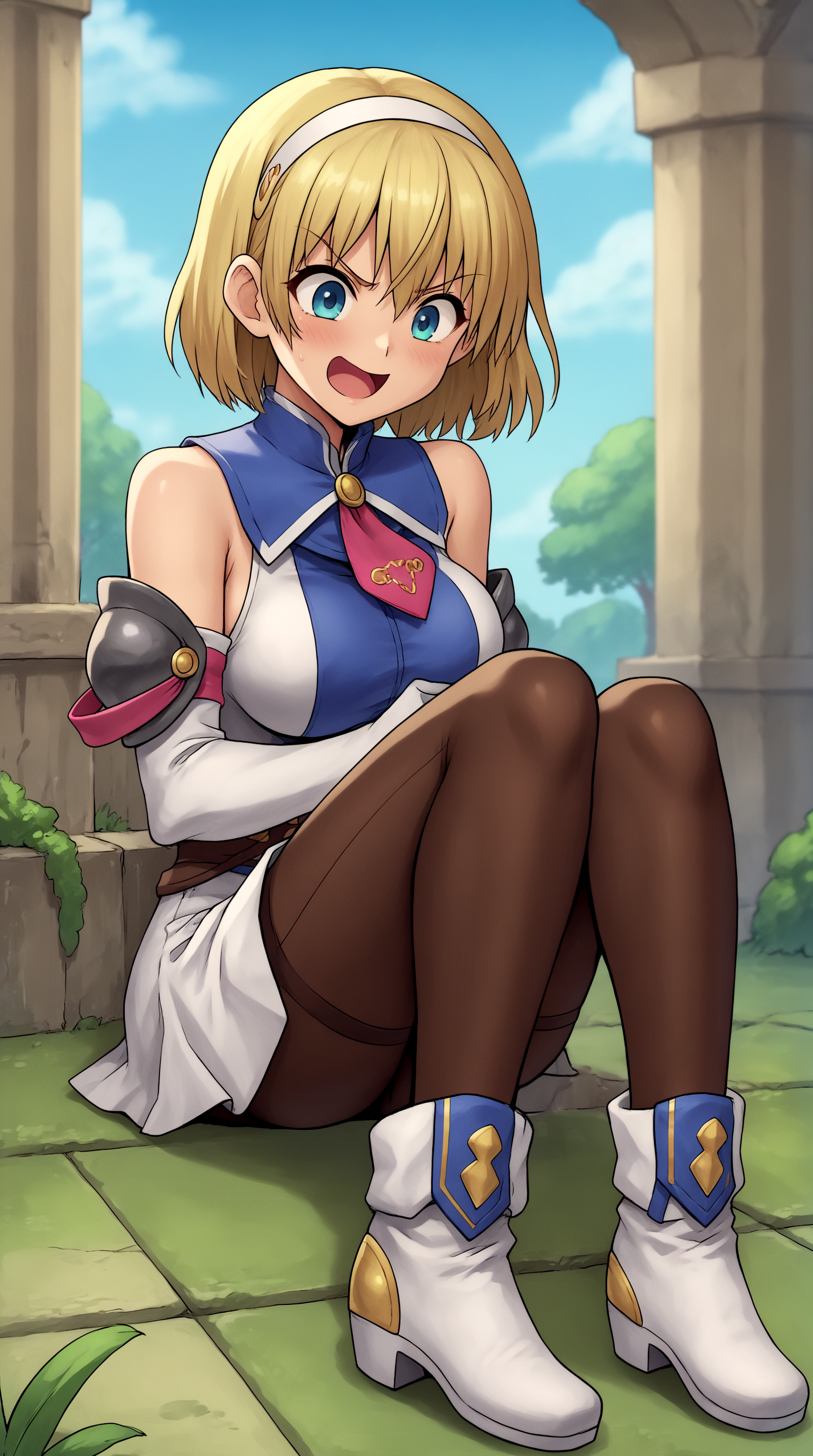 score_9, score_8_up, score_7_up,anime_source, source_anime, best background, detailed background, anime screencap, 4k, upscaled,  Cassandra Alexandra, Main Outfit, solo, tsundere, happy, blush, outdoors, ruins, sitting, wariza,   <lora:JN_Cassandra_Alexandra_Pony:0.8>