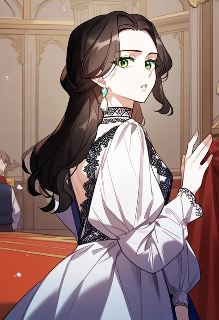 zPDXL3, score_9_up, score_8_up, score_7_up, (Anime_source), 1girl, Mildred, green eyes, green eyebrows, brown hair, long hair, banquet dress, cowboy shot looking at viewer, parted lips, from side