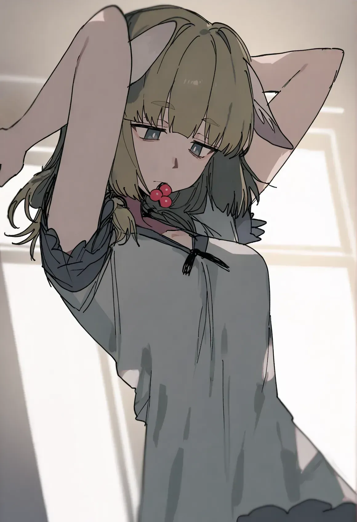 1girl, yakumo \(blue archive\), aogisa, karasu raven, higa423, remsrar, solo, looking down, hair tie in mouth, sleepwear, hair down, from below, tying hair, medium hair, very aesthetic, blurry background, window, sunlight, colored, <lora:yakumo_v2-000007:1>