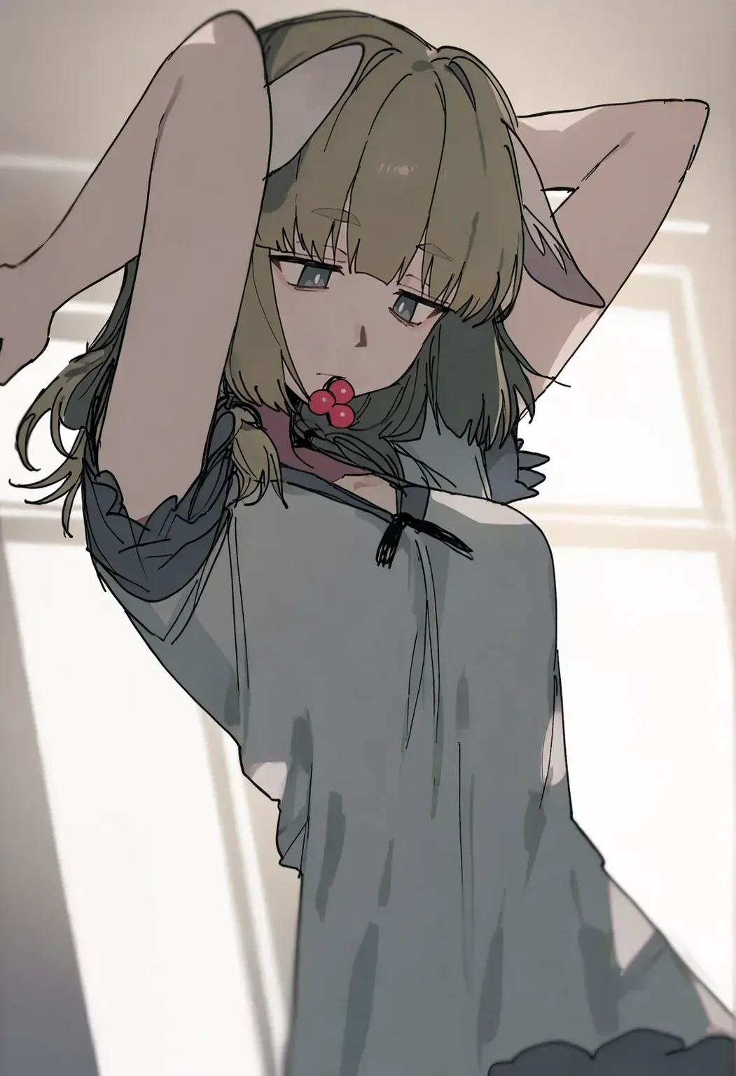 1girl, yakumo \(blue archive\), aogisa, karasu raven, higa423, remsrar, solo, looking down, hair tie in mouth, sleepwear, hair down, from below, tying hair, medium hair, very aesthetic, blurry background, window, sunlight, colored, <lora:yakumo_v2-000007:1>