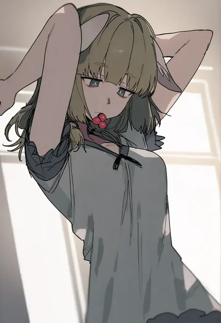 1girl, yakumo \(blue archive\), aogisa, karasu raven, higa423, remsrar, solo, looking down, hair tie in mouth, sleepwear, hair down, from below, tying hair, medium hair, very aesthetic, blurry background, window, sunlight, colored, <lora:yakumo_v2-000007:1>