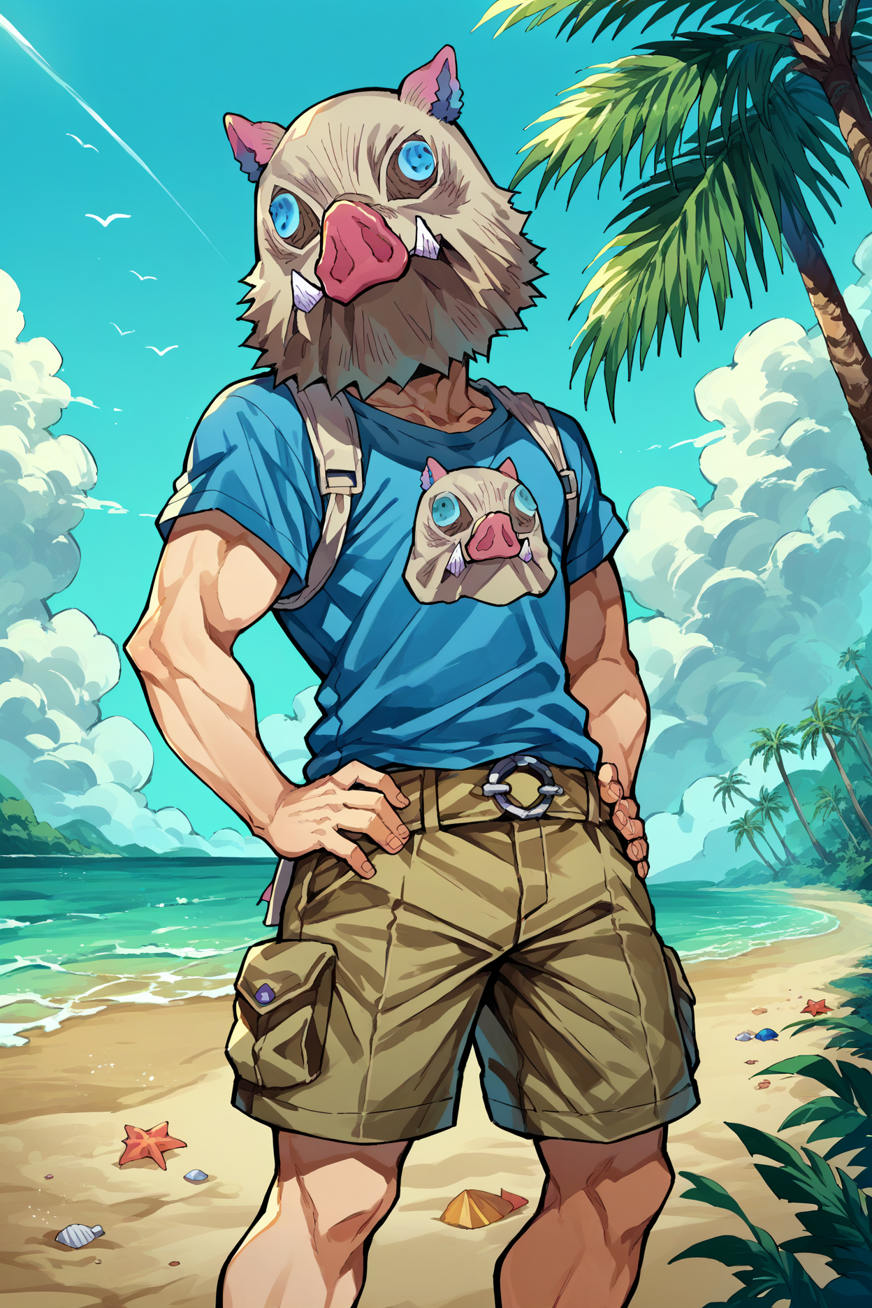 score_9, score_8_up, score_7_up, score_6_up, source_anime, 1boy, male focus, solo, <lora:inosuke-pdxl-nvwls-v1-000005:1> inosuke, pig mask, blue t-shirt, cargo shorts, beach, summer, palm tree, hands on hips