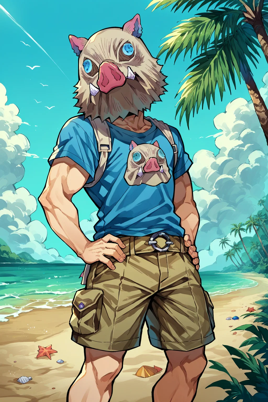 score_9, score_8_up, score_7_up, score_6_up, source_anime, 1boy, male focus, solo, <lora:inosuke-pdxl-nvwls-v1-000005:1> inosuke, pig mask, blue t-shirt, cargo shorts, beach, summer, palm tree, hands on hips