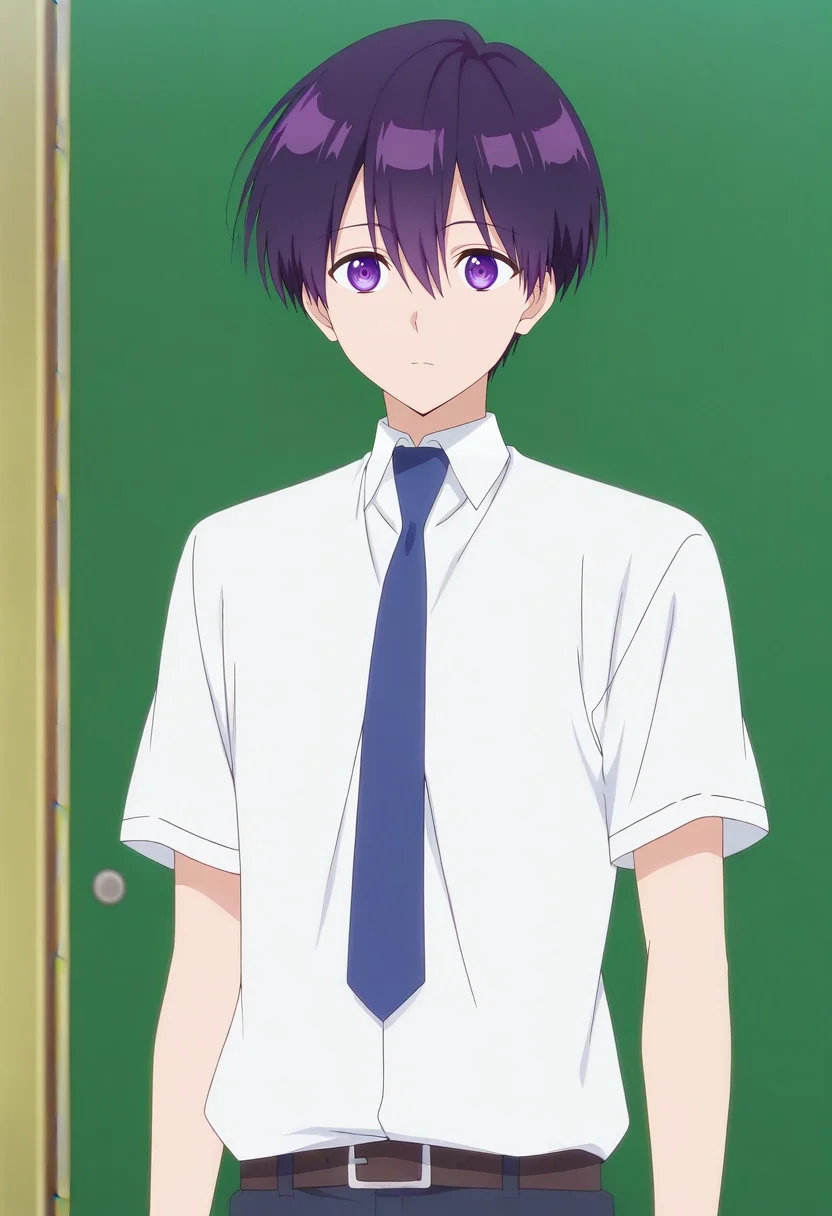 masterpiece, best quality, anime screencap, official style, anime coloring, cowboy shot, 1boy, solo, male focus, <lora:yuuki_izumi_ilxl:0.92>, yuuki_izumi, purple hair, purple eyes, short hair, bangs, hair between eyes, white shirt, collared shirt, blue necktie, school uniform,