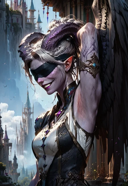 (absurdres, best quality, masterpiece:1.4), 
score_9, score_8_up, score_7_up, score_6_up, 
detailed, 
detailed body, 
detailed face, 
fantasy, 
alone, 

female, 
tiefling, 
h0rns, 
ram horns, 
black horns, 
tall, 
((((purple skin)))), 
((long grey hair, ponytail)), 
(((wingsd, black wings))),

one arm above head, 
soft smile,

(white robe, sleeveless, 
blindfold, black cloth blindfold), 

depth of field, 
outdoors, 
mountain temple, 
upper body