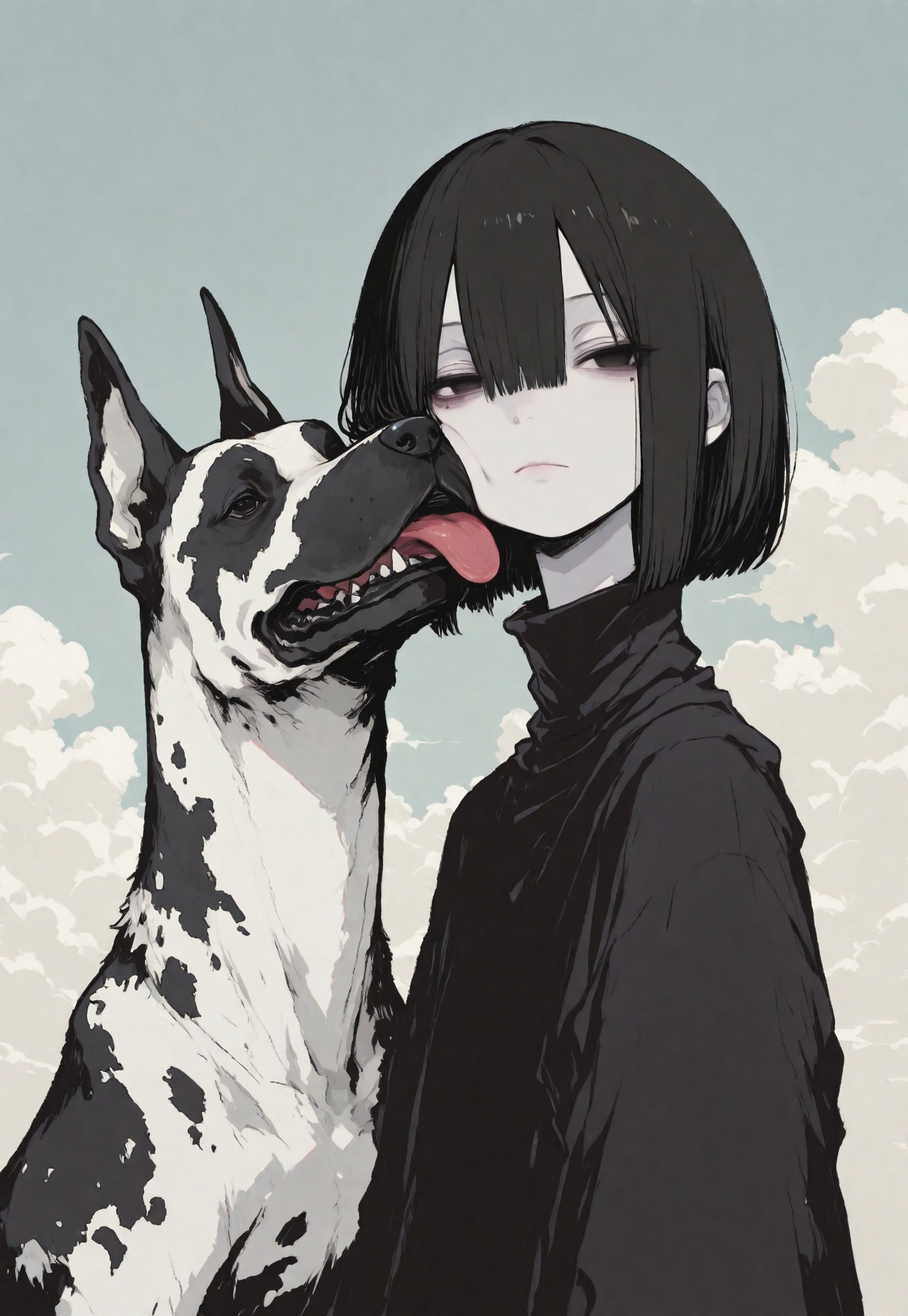 1girl, solo, black hair, bob cut, hair between eyes, solid black eyes, detailed eyes, looking to the side, mole under eye, expressionless, looking to the side, closed mouth,pale skin, black turtle neck, animal focus, dog, Great Dane, tongue out, licking another's cheek, tongue on cheek,whimsical dog, spotted fur, pale blue sky, clouds, close up, chromatic aberration,minimalsim, no lineart, no outline, blending, flat color,15546+456868, r17329_illu,S4bit4mago_illu