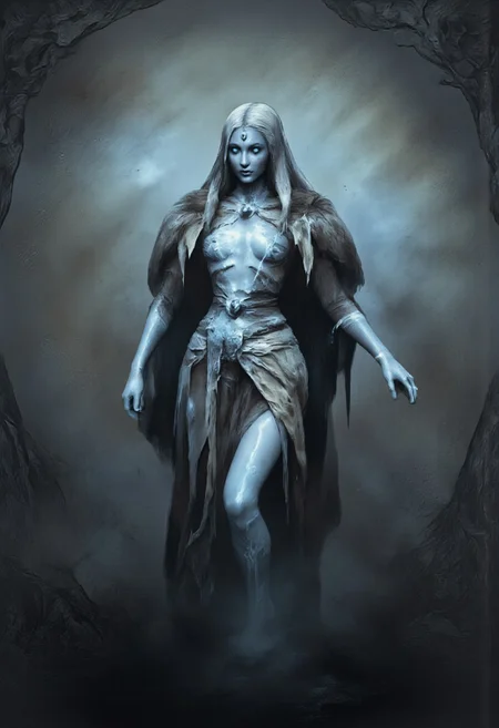 aidmaMJ6.1, Made out of paper, a PaperStyle , d4artstyle, d4concept, , d00mstyle, made of clay, ZBClay model of a gray sculpture
A mysterious and elegant figure resembling a frost sorceress, with pale blue skin and long, flowing white hair that cascades down her shoulders. She is draped in a luxurious, fur-lined cloak that appears to be made from the finest winter materials, enveloping her form in a regal and ethereal manner. Her eyes glow with an icy blue light, giving her an otherworldly and enchanting appearance. The sorceress's expression is calm and composed, exuding an aura of cold beauty and ancient power. The intricate details of her clothing and the shimmering frost on her skin suggest a deep connection to winter magic and the elements. The overall design captures both grace and danger, blending the qualities of an enchantress with the harshness of the frozen north.
Background solid color with a faded dimly lit, fog-covered darkness tone that emphasizes its silhouette.
The medium is not a traditional painting or illustrative medium like watercolor or ink but rather a digital rendering, eerie and unsettling.