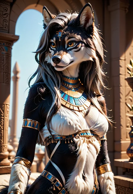 safe_pos, , score_9, score_8_up, score_7_up, score_6_up, photorealistic, epiCPhotoGasm-colorfulPhoto, Realistic, highres, super high resolution, 8k, photo, furry, Furry, anthro, fur, wolf, female, score_9, score_8_up, score_7_up, upper body shot, female furry fox,medium breasts, long tail, two-tone skin, black skin, white wool, black wool, white skin,gray hair ,yellow eyes,blurred room, wearing edgCBC_(egyptian clothes),jewelry