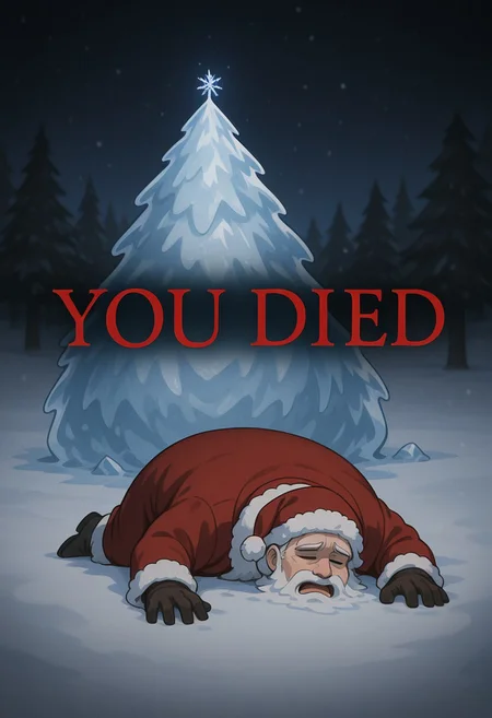 Santa Claus, Lying in Cold Snow, Fat Santa, you died, nighttime, High Quality, defeat, text, Cold Frozen Sad Santa, Big Red Coat, Mouth Open, Eyes Closed