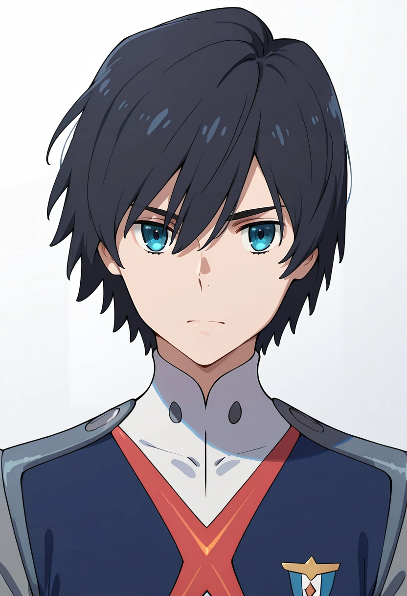 masterpiece, best quality, , , , 1boy, solo, male focus, <lora:hiro_franxx_ilxl:1>, hiro_franxx, black hair, blue eyes, bangs, , ,