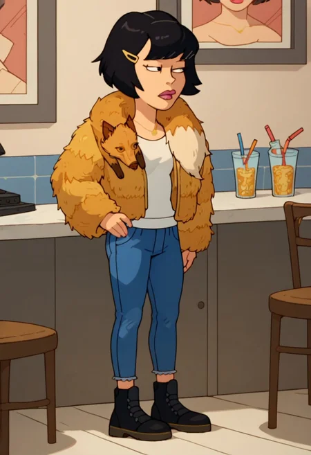 Score_9_up, score_8_up, score_7_up, Expressiveh, 1girl, solo, aliad, black hair, hairclip, necklace, fur jacket, fox scarf, jeans, boots, hand on hip, bedroom