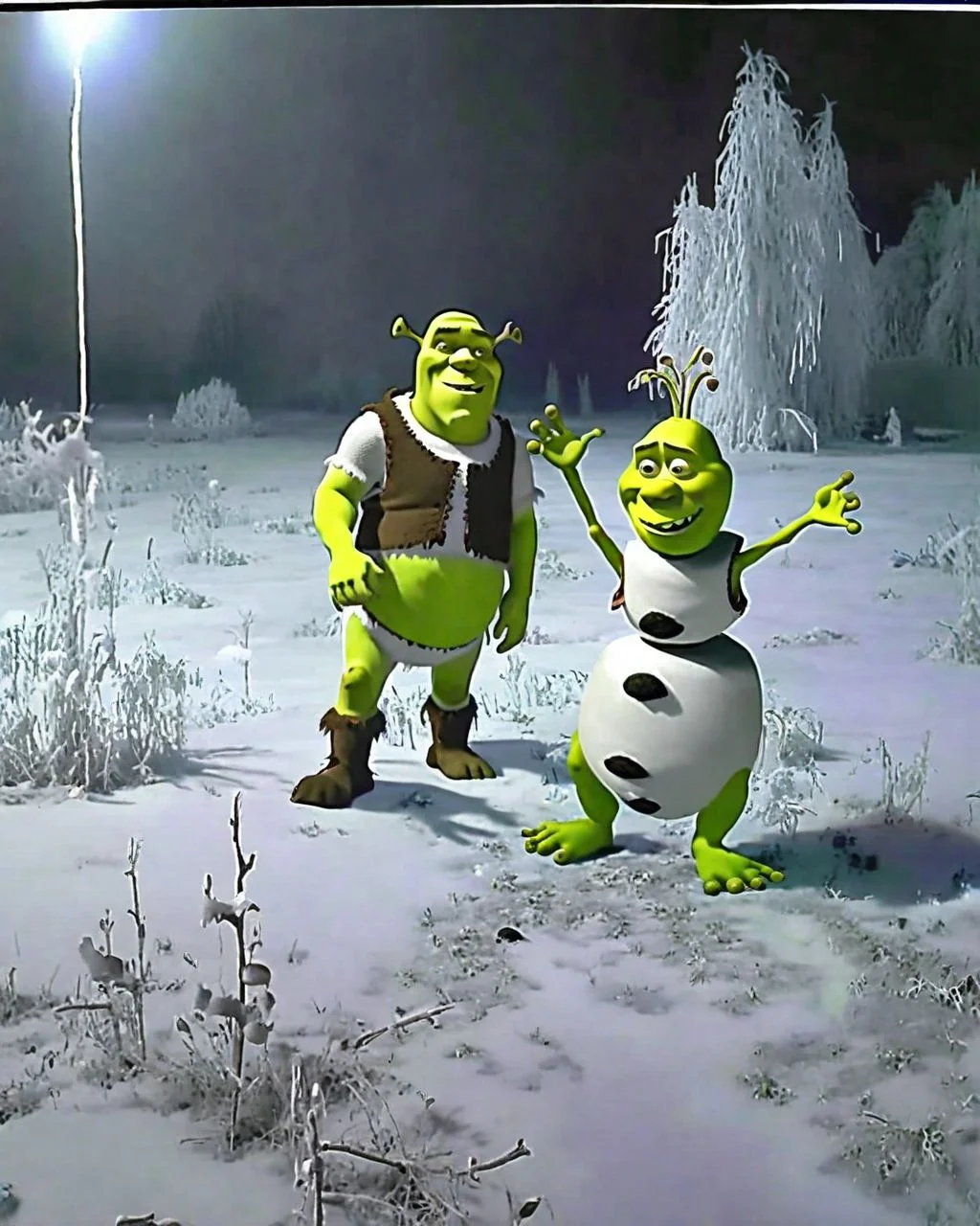 Shrek and Olaf on a frozen field CCTV Style <lora:SDXL-CCTV-Style-Lora:0.9>