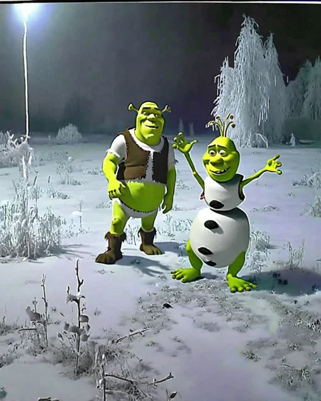 Shrek and Olaf on a frozen field CCTV Style <lora:SDXL-CCTV-Style-Lora:0.9>