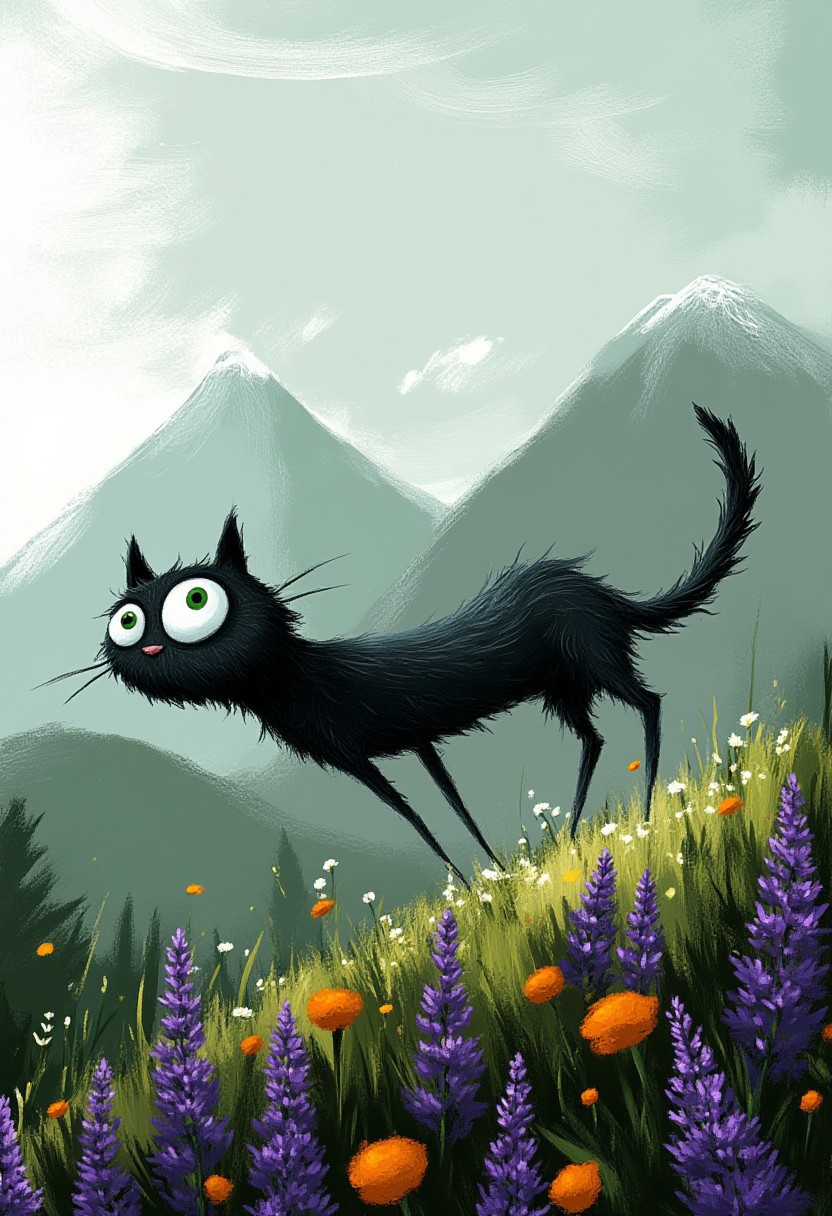 A whimsical illustration of a limbless cat with an elongated body in dark whimsical art style, its cylindrical form hovering slightly above a meadow of purple wisteria and orange marigolds, its body undulating like a serpent, digital painting with dynamic brushstrokes showing its velvety black fur, foggy mountains background, characteristic Tim Burton inspired design with enormous, haunting emerald eyes dominating its face as it glides effortlessly without legs or paws.