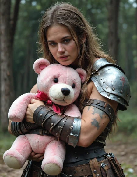 a barbarian warrior, hugging a pink teddy bear, <lora:EldritchCandids1.1.2:0.4> <lora:real_dream_pony_realistic_lora_3:0.4> <lora:MJ52:0.3> <lora:FF.101.juggernautXL_version6Rundiffusion.LORA:0.4> <lora:JuggerCineXL2:0.3>