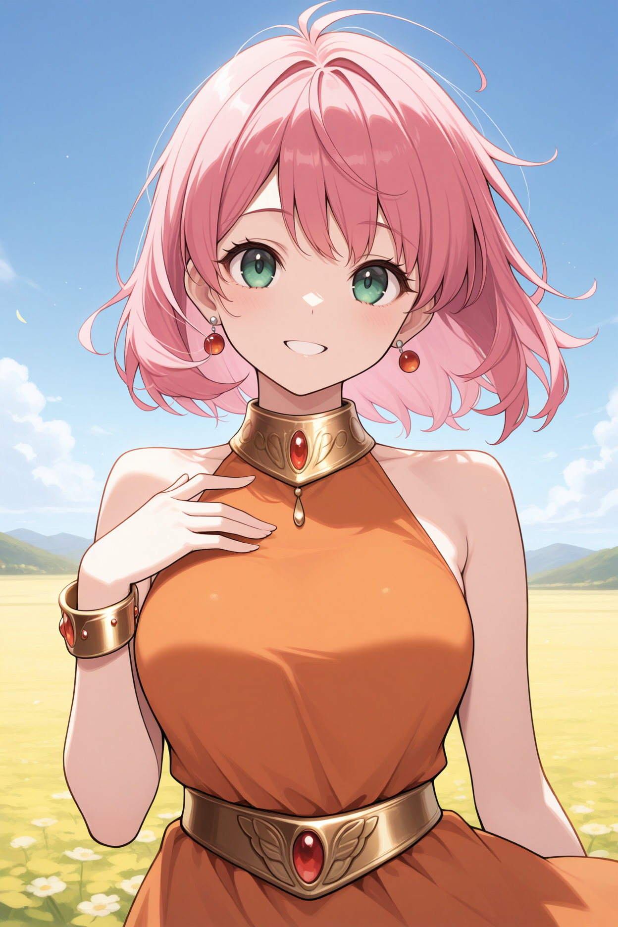 masterpiece, best quality, 1girl, solo  <lora:fflenna-illu-nvwls-v1-000006:1> lennact, pink hair, medium hair, green eyes, earrings, gold collar, orange dress, sleeveless dress, short dress, gold belt, gold bracelet, upper body, happy, looking at viewer, blue sky, field