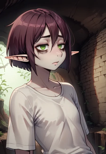 4byss, Lapanya, pointy ears, ((snout nose)), flat chest, androgynous, featureless chest, solo, lean physique, ((sidecut hair)), very short pixie-cut hair:1.1, dark maroon hair, bright green eyes, ((sunken cheeks, bags under eyes)), pale skin, undershirt,
Dutch angle,
Neutral expression, half-lidded eyes, threatening aura, ((close up, face focus, head shot)),
((cavern background, wall hangings, organic chamber, soft light, moss on ceiling, luminous moss)), clean lines, smooth colors, sfw, source: semi-realistic, rating: pg, score: 8 up, score: 9