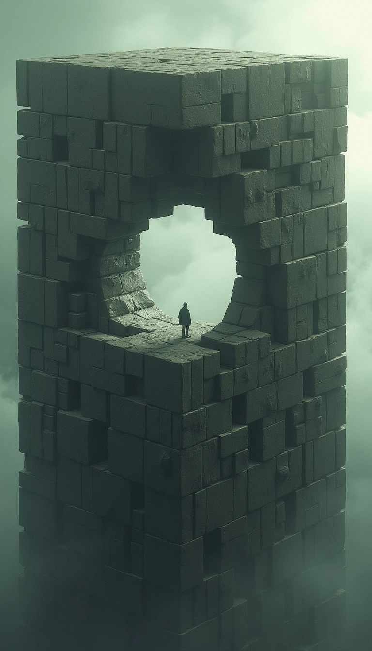 A massive, towering cube structure made up of interlocking stone blocks. At its center, there's a large, circular hole, seemingly carved out of the structure. A solitary figure stands in this hole, gazing into the abyss below. The backdrop is cloudy and moody, suggesting an otherworldly or surreal setting.