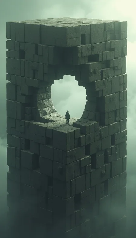 A massive, towering cube structure made up of interlocking stone blocks. At its center, there's a large, circular hole, seemingly carved out of the structure. A solitary figure stands in this hole, gazing into the abyss below. The backdrop is cloudy and moody, suggesting an otherworldly or surreal setting.
