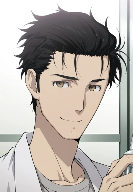 solo, masterpiece, detailed, uwa, huge filesize, ultra hd, best quality, (absurdres, highres), 1boy, official art, bright,
SGOkabe, black hair, stubble, brown eyes, labcoat, shirt, portrait, headshot, looking at viewer, smiling