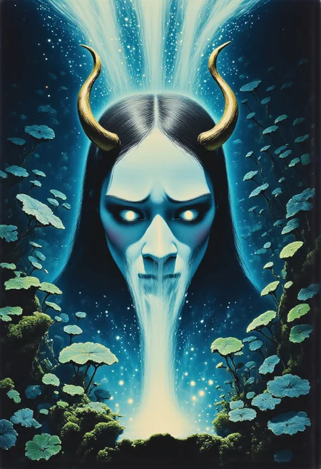 ArsMovieStill, movie still from a 1970s horror movie Studio Ghibli Dark Fairytale depicting a cursed hannya mask with horns and fangs blooming out of a blue lotus in a liminal bonsai garden with eerie radiating cyan and magenta miasma satyr