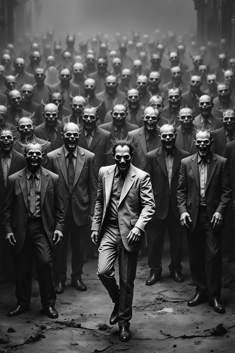 A 8K Photograph of a army of men in grey suits, drag, dreary, boring and greyscale. Thousands of them. Among the grey men should be a single man, with a super vibrant multi colored suit, dancing, having the time of his life. The man should symbolize being unique and enjoying yourself even if everyone around you is boring.
Dark Art