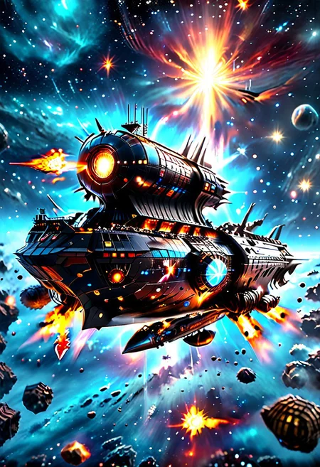 high quality, 8K Ultra HD, highly realistic, The great and sleek black ship is moving forward, blasting through space. It has powerful cannons facing forward that are unleashing powerful blue neutron beams upon an unseen foe. Embark on an enchanting 8K photorealistic journey as a magnificent starship blasts through a star system. The ship gracefully flies among other ships. The starship's design boasts advanced technological elements. The camera captures every minute detail, by VelvetS, octane render,from slightly to the side. perfectly symmetrical ship. Weapons fire blue energy beams,
<lora:DonM3t3rn1tyXL-v1.1:0.7>, DonM3t3rn1tyXL,
OverallDetailXL <lora:MJ52:0.3> <lora:SDXLFaeTastic2400:0.4>