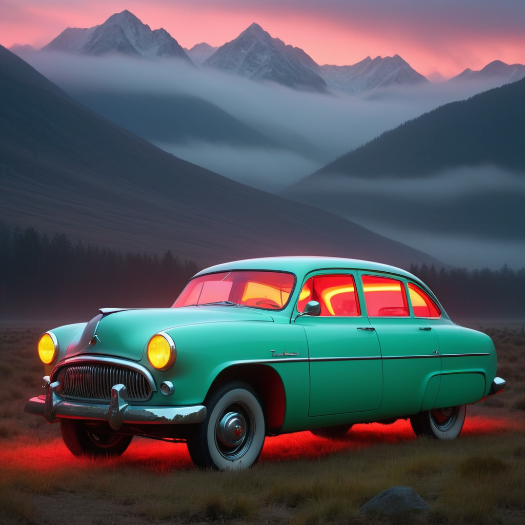 by Tom Fruin, Airbrush painting, landscape of a 1950'S Luminescent (Fen:1.1) and Electric Vehicle, mountains, Foggy conditions, Movie still, back-light, Flickr