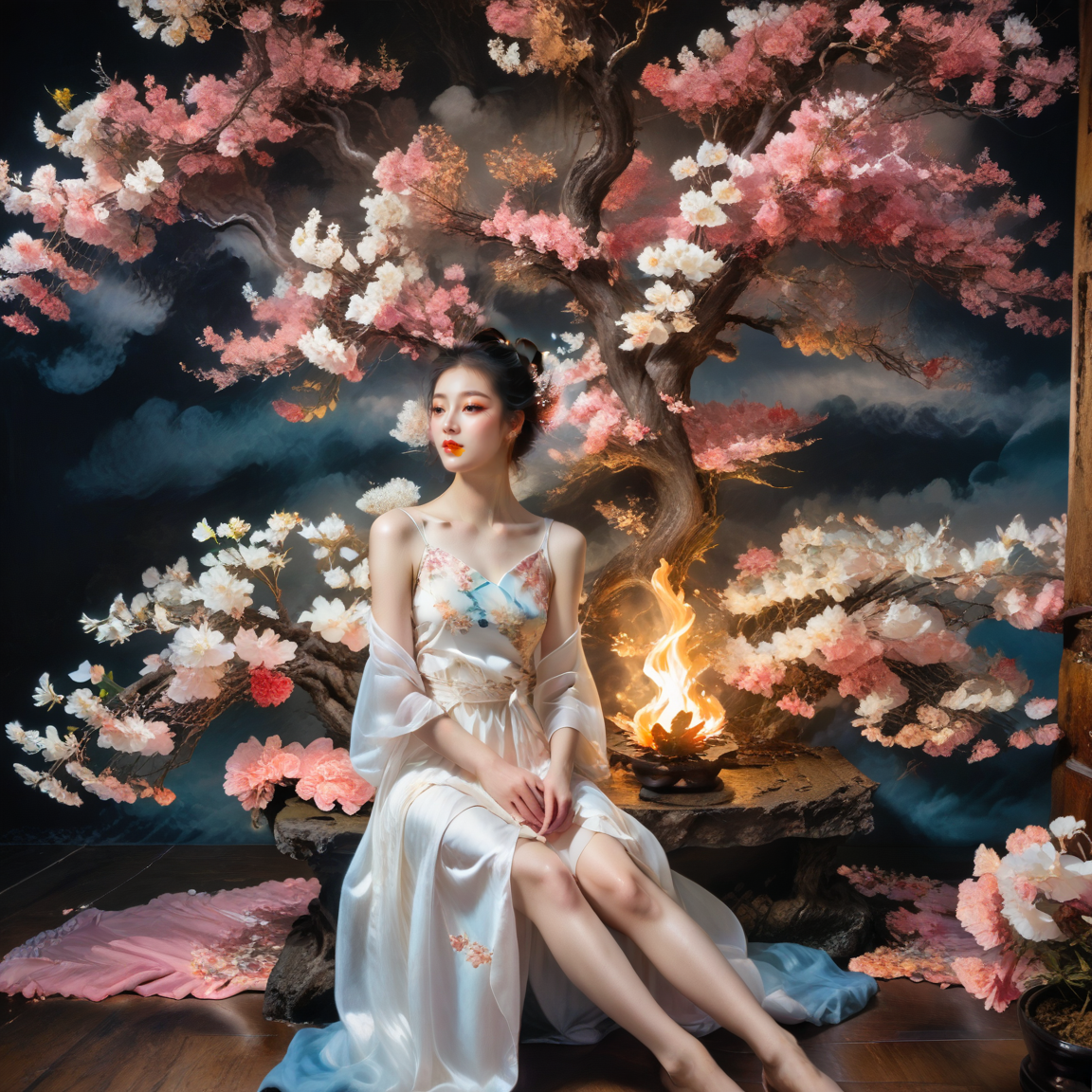 <lora:add-detail-xl:1.0>, 1girl, barefoot, solo, sitting, dress, tree, flower, black hair, hair bun, cherry blossoms <lora:LangV1:0.7>, <lora:RuanV1:0.6>,