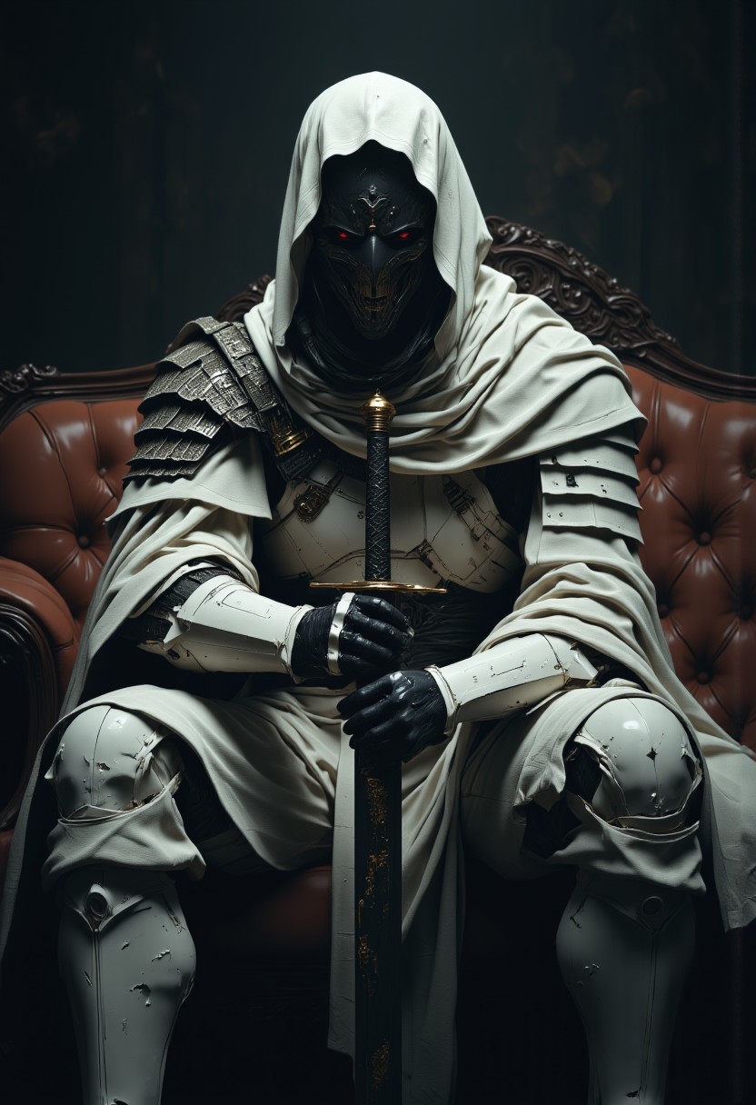 mythp0rt, Head Closeup, dark-mood-mod, high quality cinematic shot of a busty knight in pristine white armor sitting on a couch, Holding a giant sword, volumetric lighting, (raytracing:1.3), (ambient occlusion), (cinematic lighting:1.3), (chromatic aberration), (4K image quality:1.3), (sharp detail:1.3), (highly realistic:1.3), (dim warm cinematic lighting:1.3)
