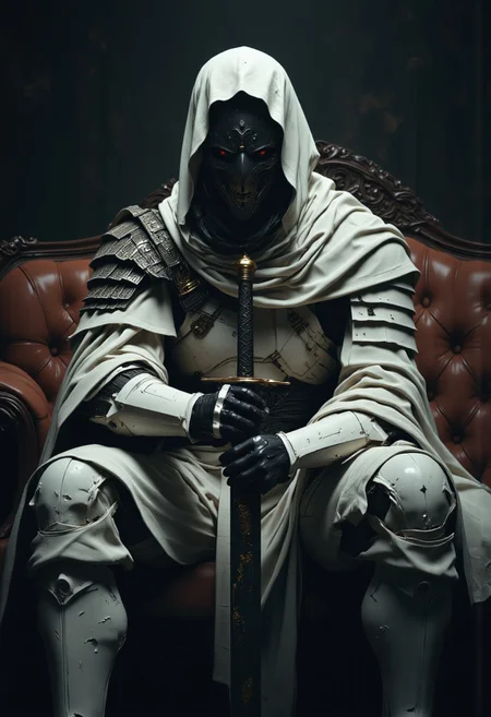 mythp0rt, Head Closeup, dark-mood-mod, high quality cinematic shot of a busty knight in pristine white armor sitting on a couch, Holding a giant sword, volumetric lighting, (raytracing:1.3), (ambient occlusion), (cinematic lighting:1.3), (chromatic aberration), (4K image quality:1.3), (sharp detail:1.3), (highly realistic:1.3), (dim warm cinematic lighting:1.3)