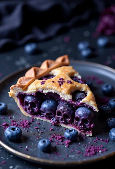 triangular closed piece of blueberry pie, in the cut the filling is blueberries in the form of small skulls, with a sprinkle of glitter, side view. black and purple, horror.