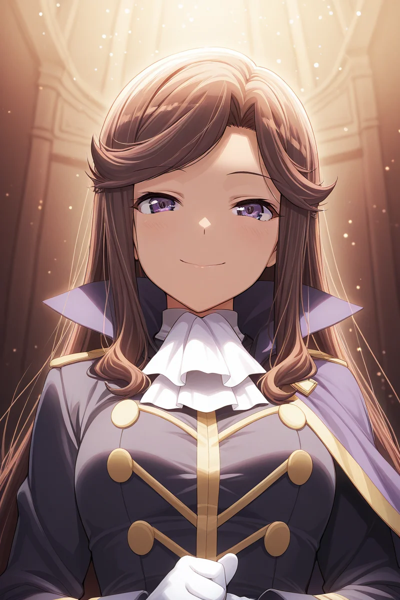 masterpiece, best quality, amazing quality,
<lora:Maya_IL:1> maya, long hair, gloves, brown hair, 1girl, white ascot, bangs, white gloves, high collar, looking at viewer, smile, upper body, light particles, long sleeves, purple eyes, solo